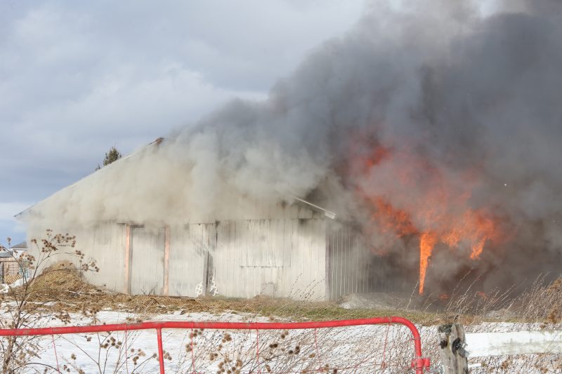 Un incendie s’est déclaré dans un bâtiment de ferme, qui contenait quelques animaux, ce matin dès 11h25 sur le rang St-Thomas à Saint-Robert. | TC Média - Pascal Cournoyer