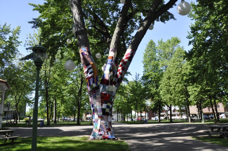 Un arbre est recouvert de tricot au carré Royal. | Ville de Sorel-Tracy