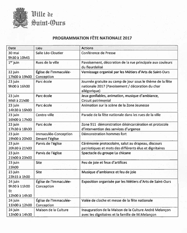 La programmation de la Fête nationale à Saint-Ours. | Tirée du communiqué de presse