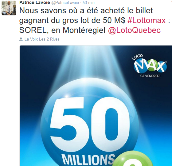 Le tirage de LottoMax de vendrdi était de 50 M$. | Photo: Twitter